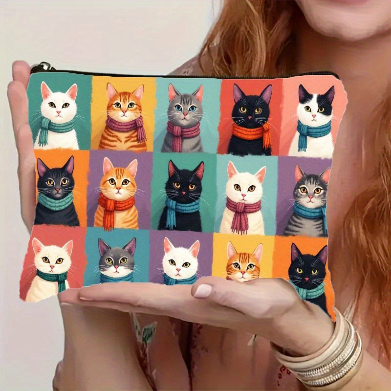 Travel Organizer Men - Sevimli Kedi Baskılı Makyaj Çantası, Fermuarlı